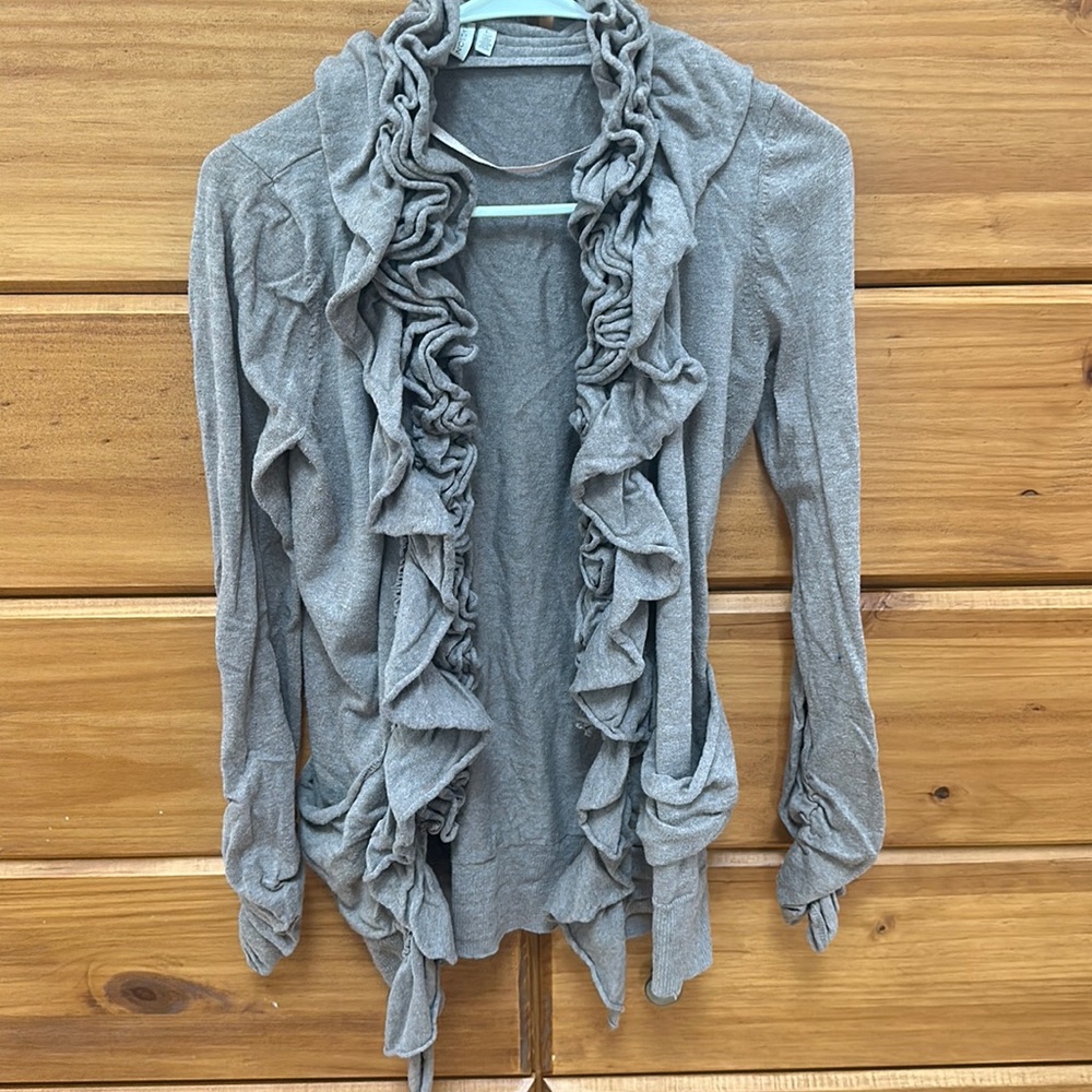Very soft, ruffle trim cardigan,fits S-L,soft cotton blend..beige color
